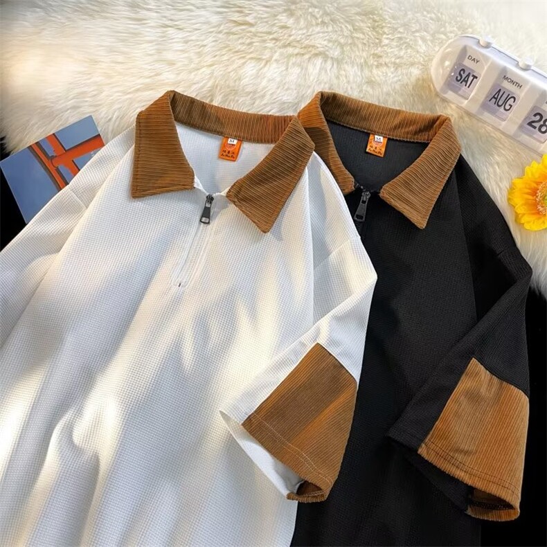 撞色polo衫男款美式半拉链卫衣hiphop潮牌短袖J365P30,男装Polo衫,星座1116-2