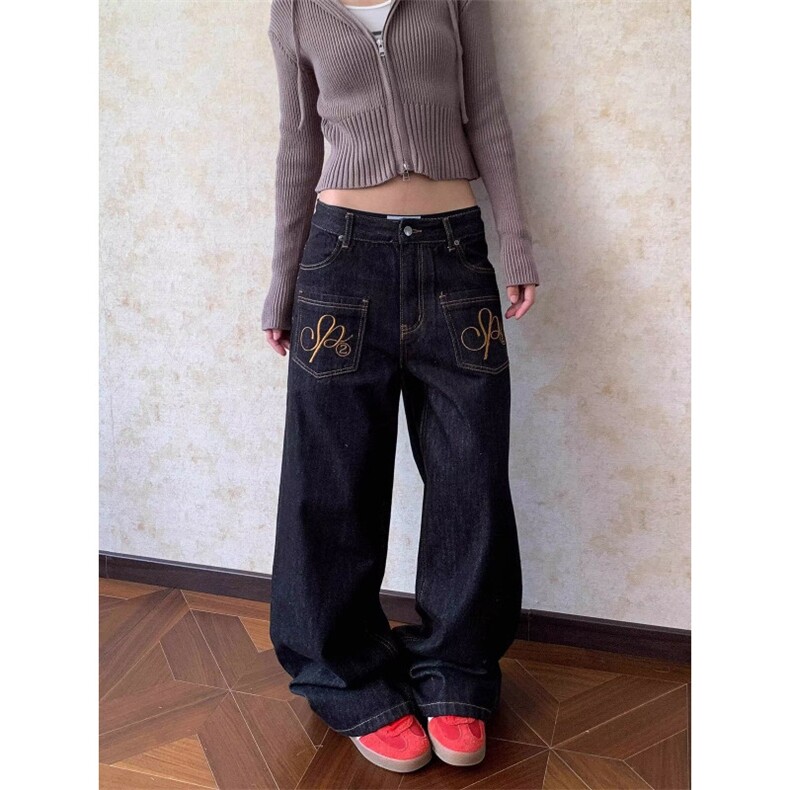 高腰弯刀牛仔裤女秋季新款高街设计感宽松显瘦阔腿拖地裤NZB5110,男装牛仔裤,星座516A