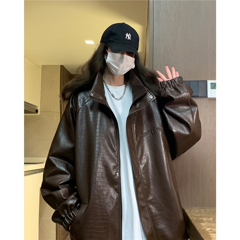大码pu皮衣夹克钢印美式女复古oversize显瘦设计感情侣机车外套秋，女装皮衣，星座226-2