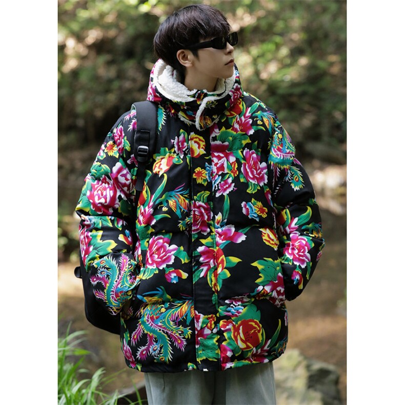 A1情侣装东北大花羊羔毛棉衣保暖防寒风汉服团队服可脱卸帽图片