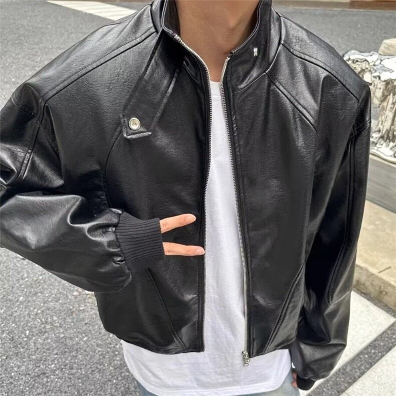 JK163-P67 复古PU皮机车夹克男士短款早秋季宽松廓形宽垫肩立领图片