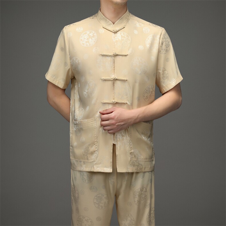 中老年人唐装男短袖夏装冰丝风薄款爸爸爷爷绸套装,男装民族服装,电商B212（原钱塘6029）