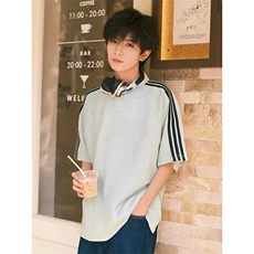 抖音得物品质二开240克宽松纯棉美式潮牌印花三条杠中性风短袖T恤，男装T恤，电商A486