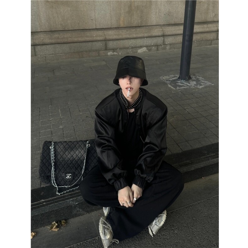 现货）钉珠亮面黑色飞行员铆钉夹克外套男，男装夹克，星座807