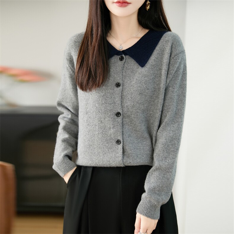 学院风POLO领拼色针织开衫女加厚毛衣外套2025新款法式高端打底衫，女装针织衫/毛衣，唐诺