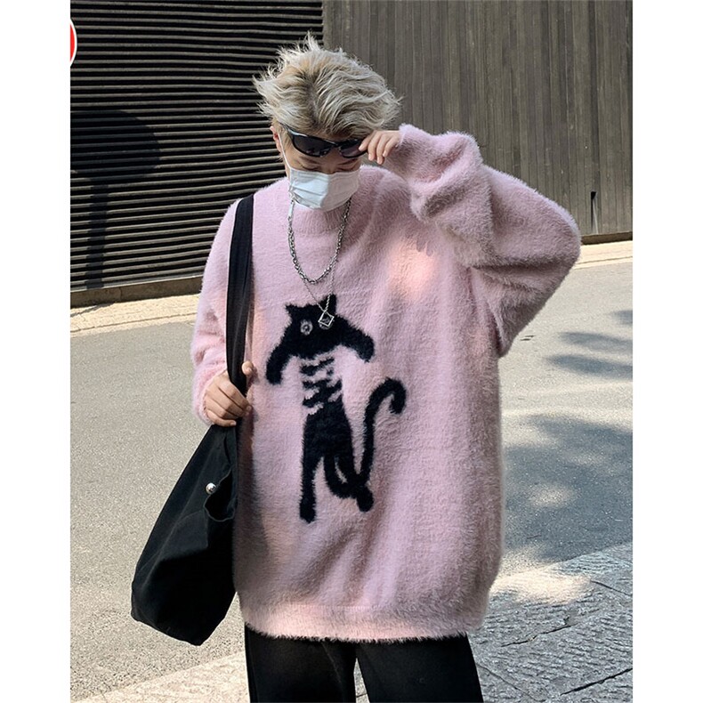 美式猫咪慵懒风宽松圆领毛衣秋冬套头毛绒长袖针织衫男M1643-P56,男装针织衫/毛衣,星座512-4