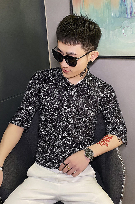 312A-104-P55新款社会小伙中袖衬衫韩版潮流男士五分袖衬衣D,男装T恤,星座312A-5