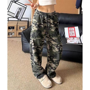 军绿色斜切弯刀迷彩卫裤男款重磅垂感运动休闲裤美式复古男生裤子图片