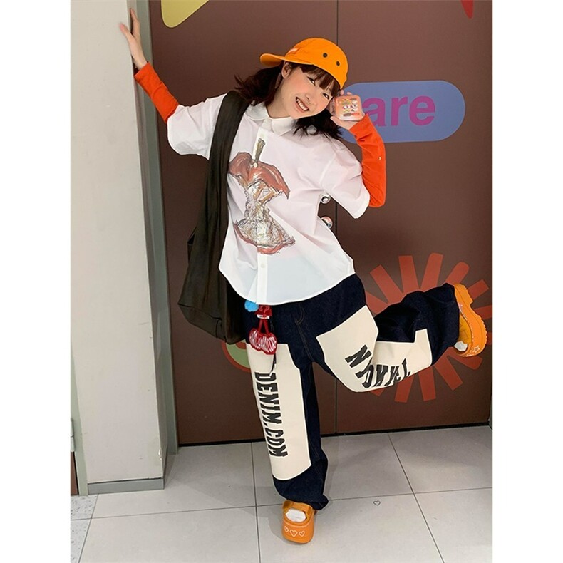 美式复古高街苹果印花短袖白色衬衫夏季宽松百搭短袖休闲小众衬衣,男装T恤,星座1210-1