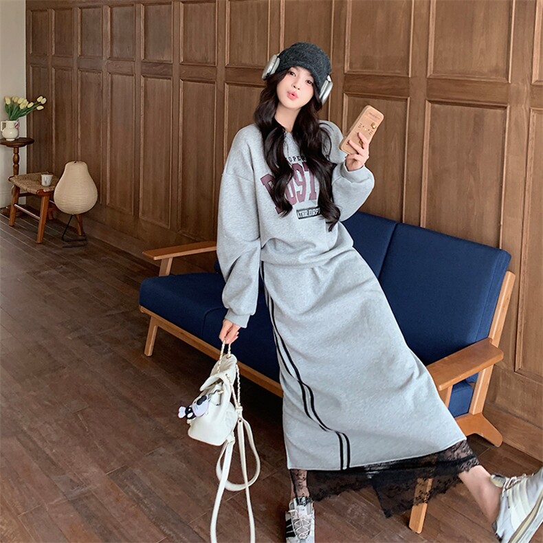 慵懒风灰色卫衣套装裙女2025春季新款设计感蕾丝拼接半身裙两件套,女装套装/套裙,浙宝103（原192）