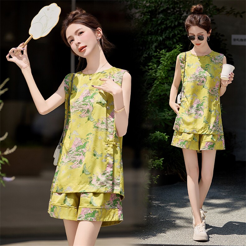 新中式国风套装女2025夏新款巨好看的独特绝美漂亮无袖短裤两件套，女装套装/套裙，意芙