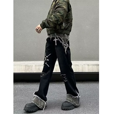 美式复古迷彩拼接破洞牛仔裤男春秋高街直筒牛仔裤NK3259-P62，男装牛仔裤，星座208-5