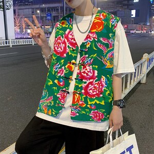 秋新东北大花布马甲修身背心马甲坎肩盘扣演出服男女大码外衣MJ02图片