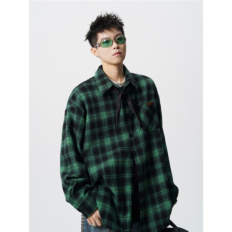 美式复古加厚格纹衬衫大码宽松慵懒风长袖衬衣磨毛外套CS9006/P58,男装衬衫,电商B238