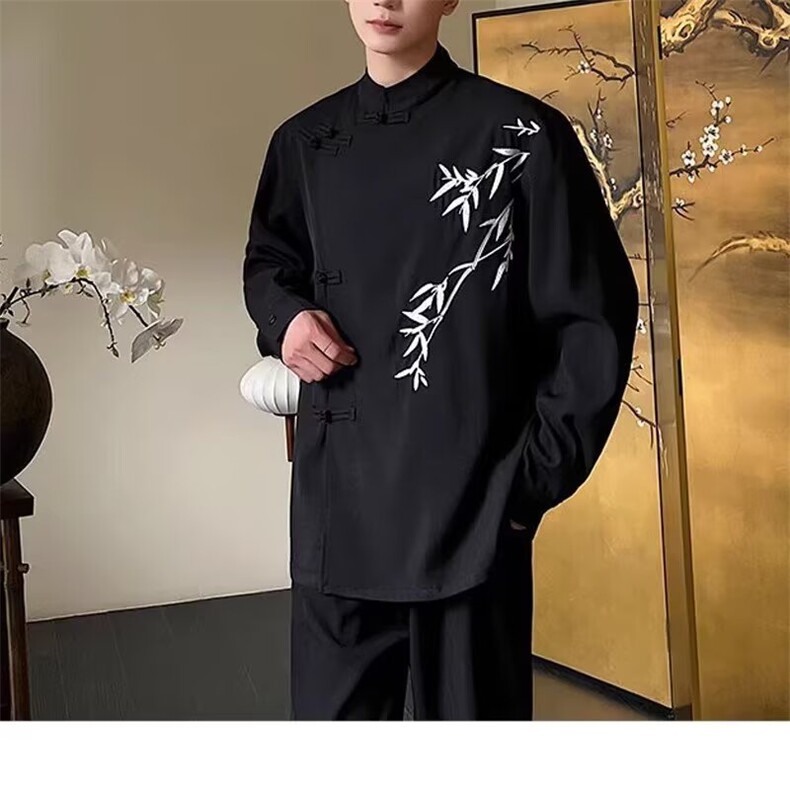 新中式风男装风宽松翠竹垫肩衬衫外套男中山装上衣立领新款,男装衬衫,星座506A