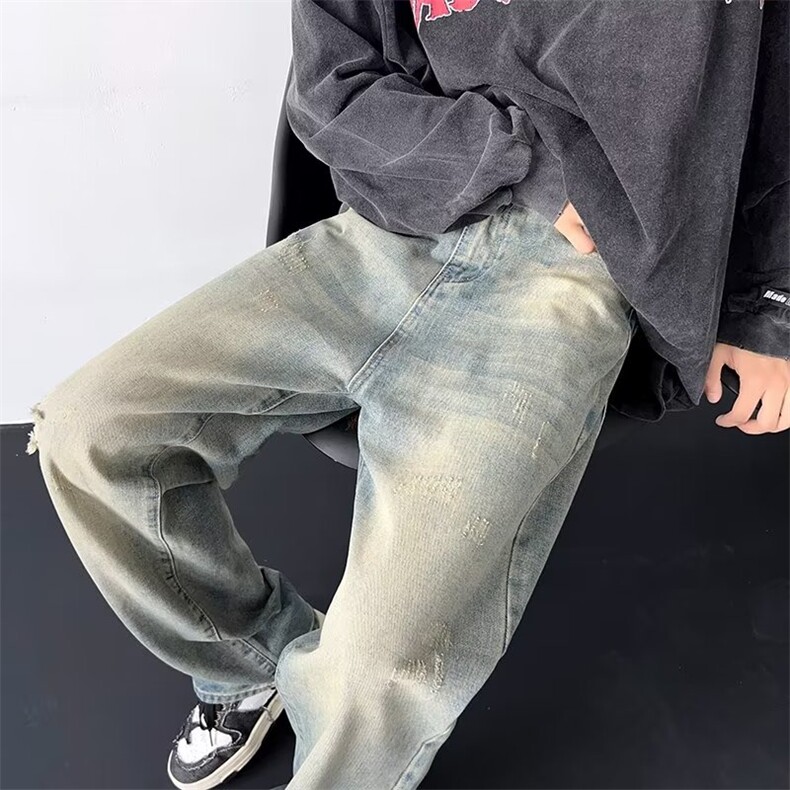 水洗做旧牛仔裤男秋季美式复古宽松阔腿直筒拖地长裤NK602-P40,男装牛仔裤,星座1109-3