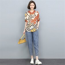 夏季新款舒适透气休闲套装时尚格子短袖上衣+宽松牛仔裤显瘦百搭两件套，女装套装/套裙，悦见她