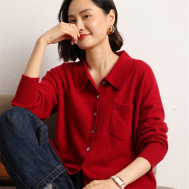山羊绒开衫女POLO领宽松针织衫毛衣外套2024年秋季,女装羊绒衫,五色羊羊绒