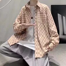 棋盘格子衬衫男女长袖ins潮流情侣小众翻领衬衣宽松日系休闲外套，男装衬衫，星座1210-1