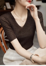 冰丝针织衫短袖女夏季新款V领薄款镂空透气，女装针织衫/毛衣，圣旺供货