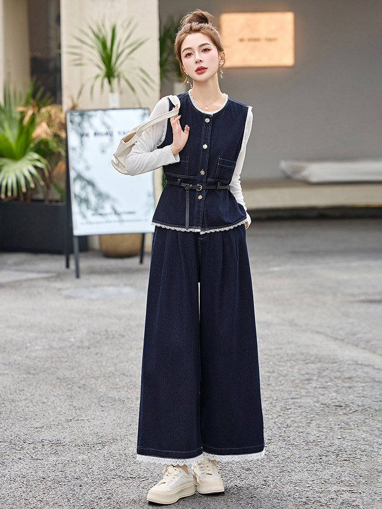 韩系穿搭小香风时尚马甲套装女2025春季新款气质牛仔阔腿裤三件套,女装套装/套裙,伊仟回