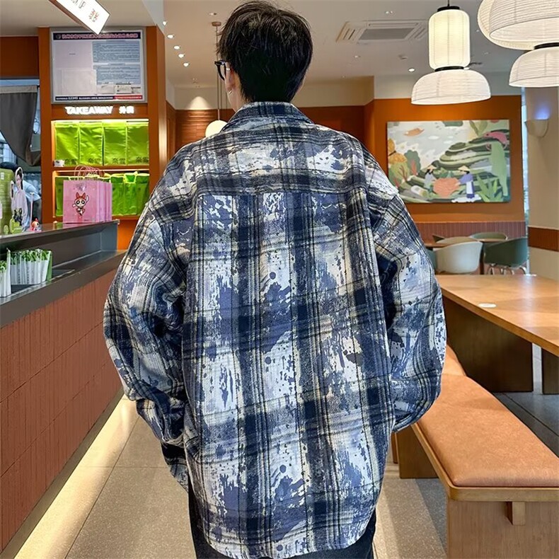 HJ45日系ins翻领潮流简约时尚港风少年感格子长袖衬衫男常规宽松,男装衬衫,星座308A-1（原309B-1）
