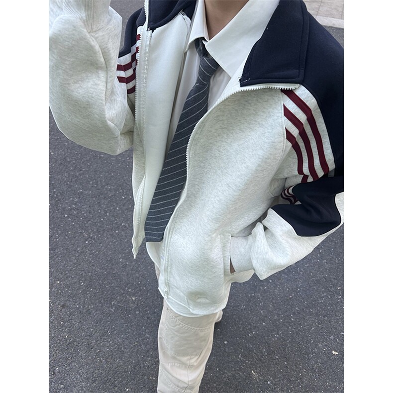 抖音得物高品质美式高街重磅结构织带拼接撞色立领卫衣外套CM41,女装短外套,电商A486-1
