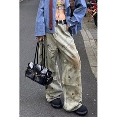 美式复古废土风做旧低裆设计感拼接弯刀牛仔裤潮牌宽松阔腿长裤，男装牛仔裤，星座601-1