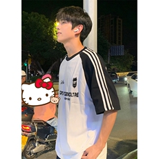 抖音得物品质二开240克宽松纯棉美式潮牌插肩三杠织带短袖T恤，男装T恤，电商A486