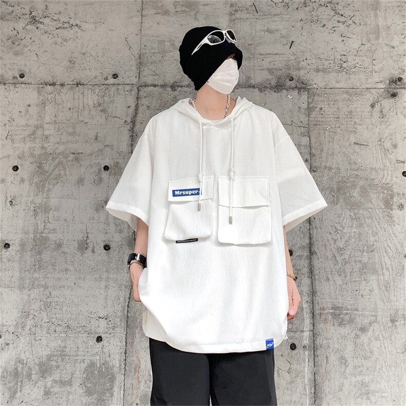 DSA028-MQA2327P38夏季复古潮牌连帽工装短袖男百搭休闲卫衣,男装T恤,电商A028