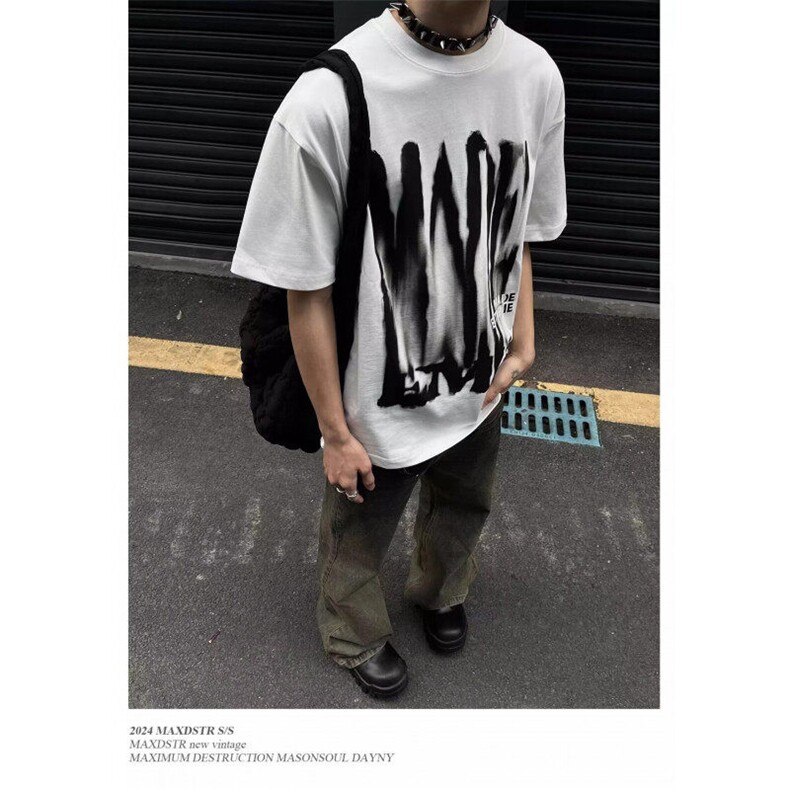 纯棉220g美式复古短袖男士夏季2025新款做旧上衣印花圆领五分袖潮,男装T恤,星座506A