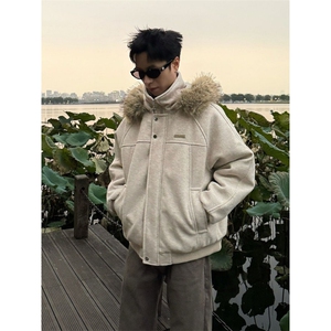 美式复古潮流毛领连帽棉衣男女情侣款冬季加厚保暖呢子棉衣服外套,极度干燥衣服穿搭图片