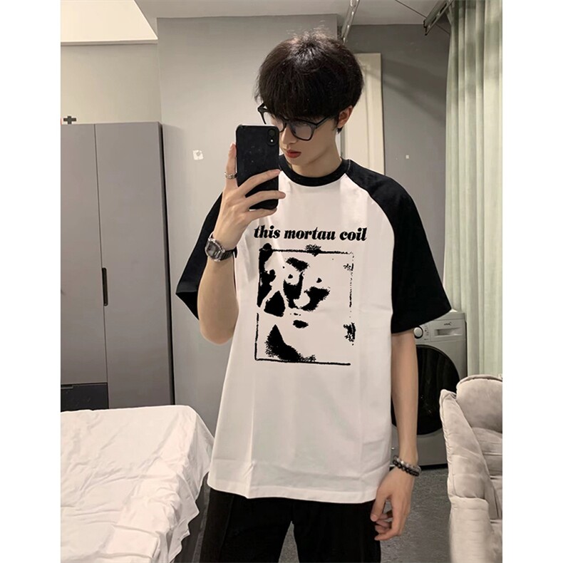 抖音得物高品质二开240克宽松纯棉美式潮牌插肩袖拼接短袖T恤图片