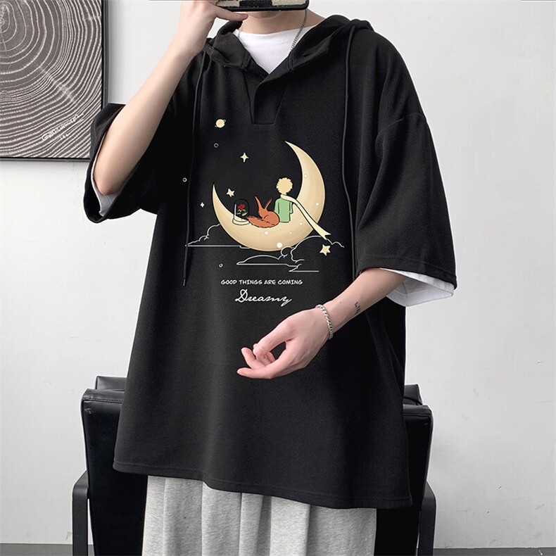 LD54416-P45NASA 连帽短袖t恤男大码胖子带帽五分袖中袖图片