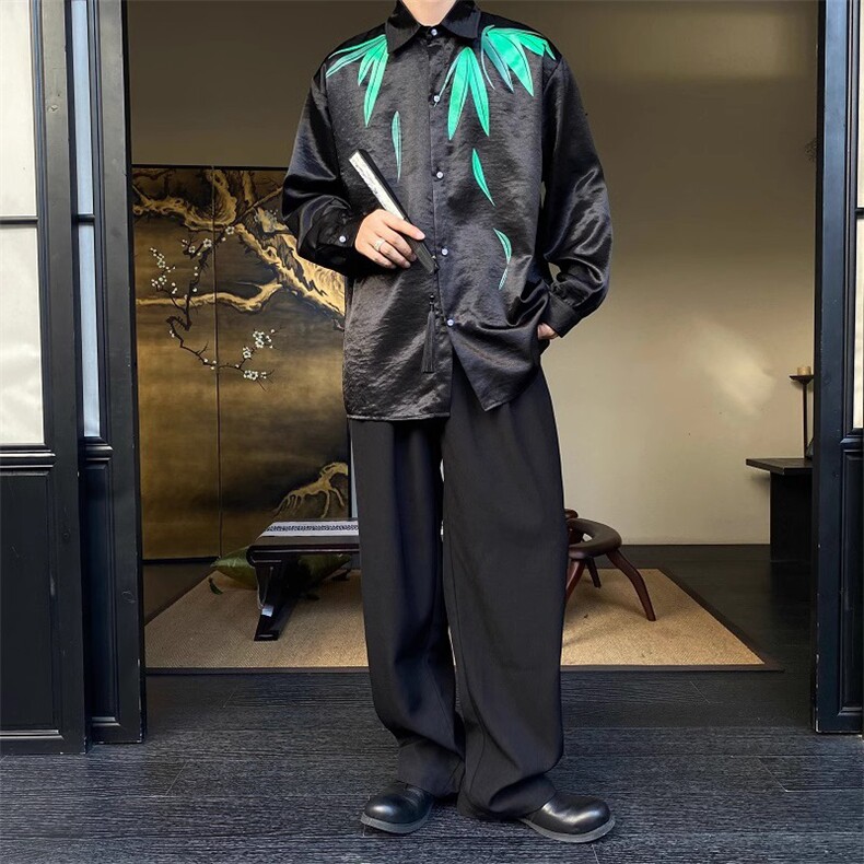 春季中式盘扣立领长袖男衬衫潮流复古缎面印花竹叶衬衣女176P75,男装衬衫,星座901-1（原C217）