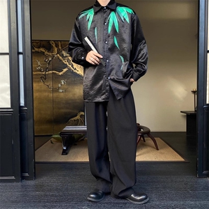 春季中式盘扣立领长袖男衬衫潮流复古缎面印花竹叶衬衣女176P75图片