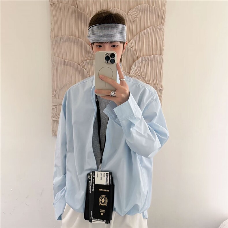 网图简约假两件设计感衬衫百搭宽松休闲纯色男衬衣D453特P50,男装衬衫,电商A335-1（原A458）