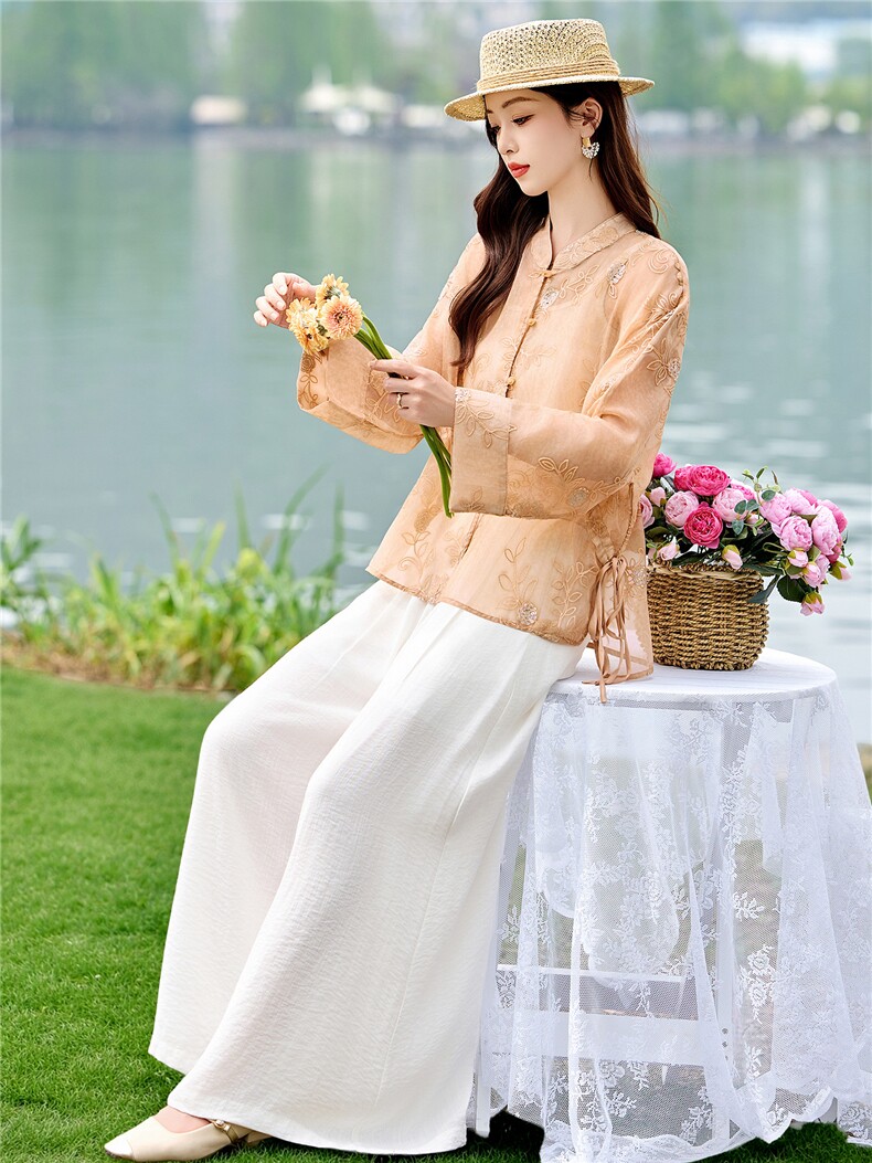2026年夏季新中式重工刺绣衬衫防晒女宽松立领阔腿裤两件套,女装套装/套裙,米尚