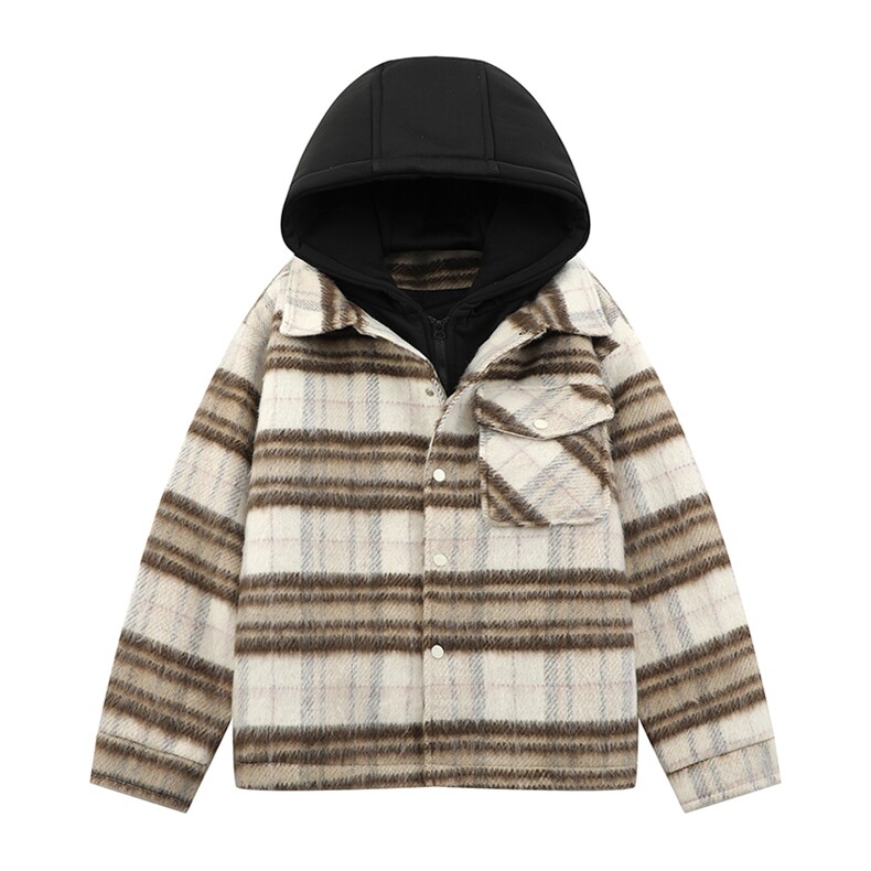 秋装仿兔毛小香风夹克男美式复古痞帅格子衬衫连帽外套86077-P95，男装夹克，电商A441