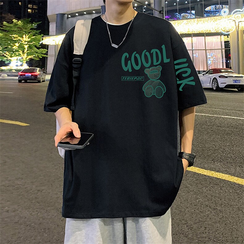 小熊纯棉短袖T恤男夏季潮牌宽松设计感半袖美式大码字母印花体恤,男装T恤,星座304A-1