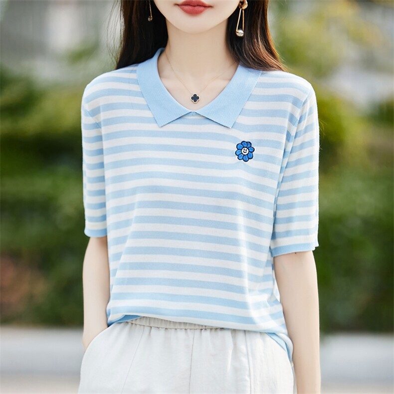夏季新款简约时尚百搭女士天丝刺绣花朵撞色翻领短袖图片