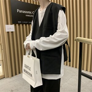 春秋装纯色多口袋马甲潮原宿风英伦西装马甲无袖背心男 W1659-P39图片