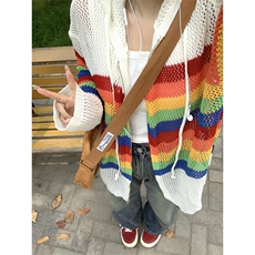 【有货】彩虹镂空连帽针织开衫男女罩衫情侣衬衫外套2401CC-特P48，男装衬衫，星座1007（原301D）