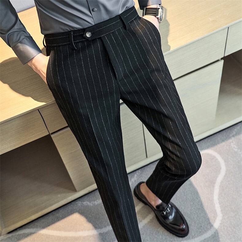 K2325-P85 高含量羊毛加厚竖条纹面料磨毛 男式西裤商务休闲图片