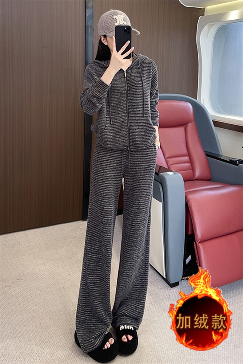 女秋冬条纹连帽外套休闲阔腿裤两件套,女装套装/套裙,江南