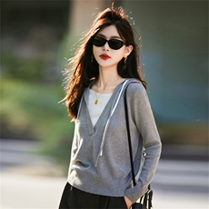 简约撞色连帽针织衫女2025秋季新款上衣假两件带帽毛衣外套打底衫，女装针织衫/毛衣，菲奥羊绒