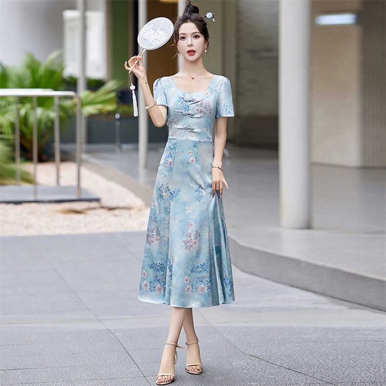 优雅雪纺碎花连衣裙女2025夏季新款飘带领高级感显瘦减龄气质长裙,女装连衣裙,欣贝拉