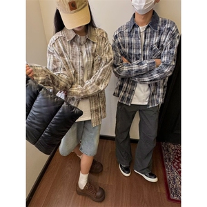 现货美式复灯芯绒拼接春秋格子长袖衬衫外套男百搭衬衫LC055-P45