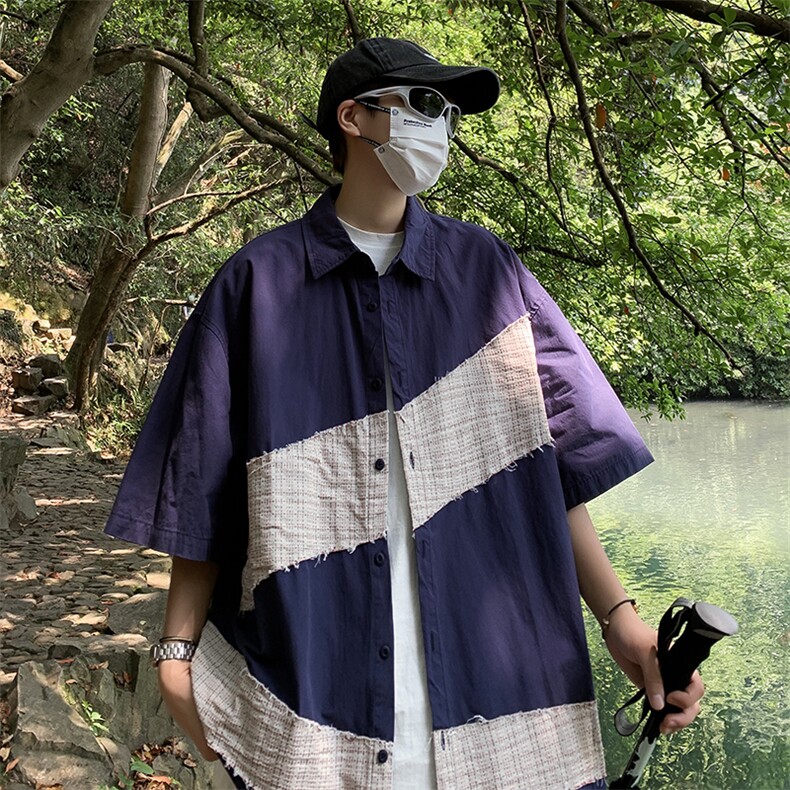 S110-P35日系宽松型拼接短袖衬衫图片