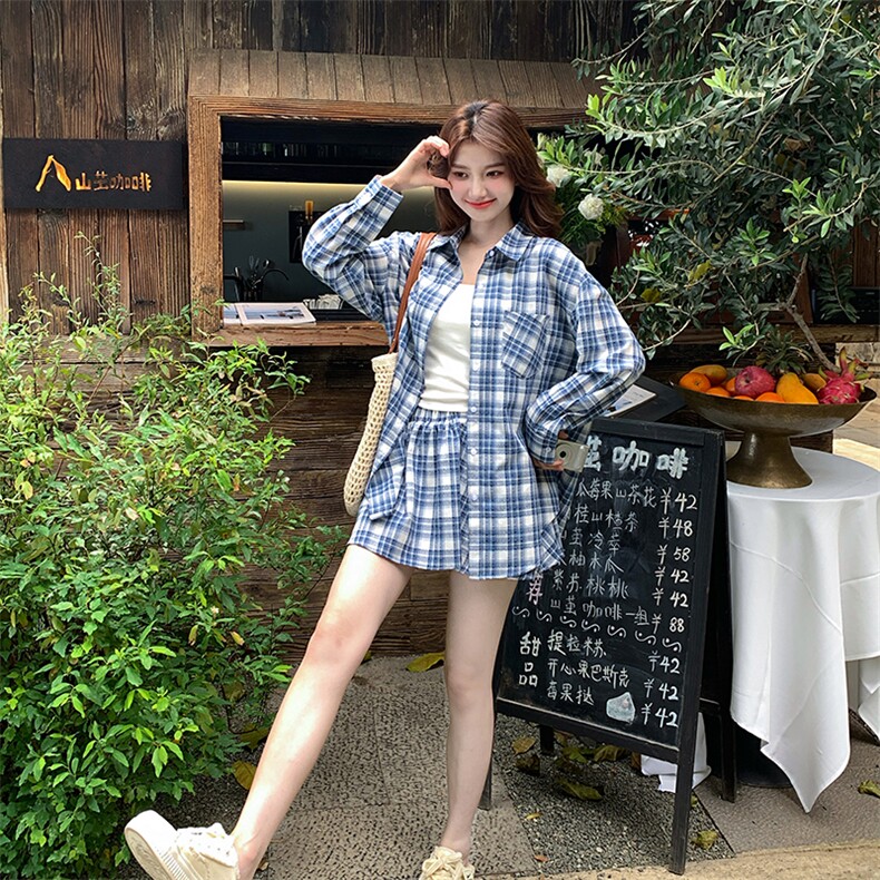 2025新款夏季蓝色格子防晒开衫外套短裙套装女轻薄宽松衬衫两件套,女装套装/套裙,浙宝276（原081）